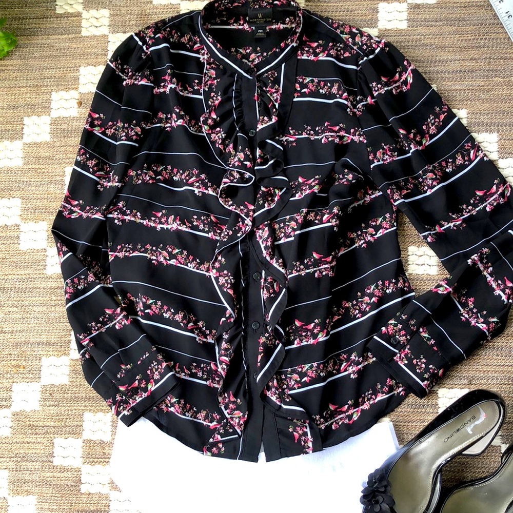 Worthington feminine Ruffle and Birds Shirt-Medium - Picture 1 of 9